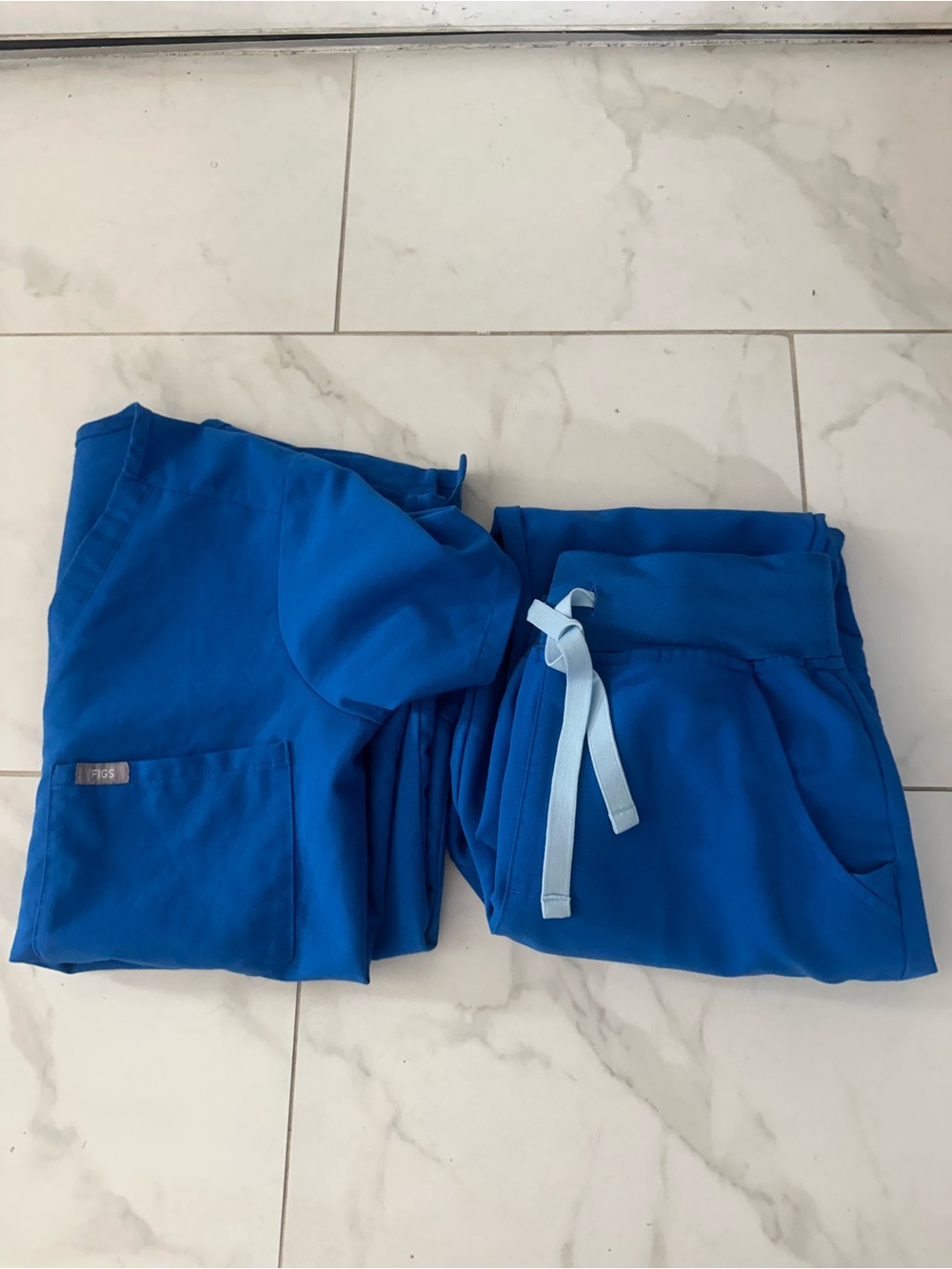 Figs Women's Scrub Set in Bright Blue with Light Blue Drawstring